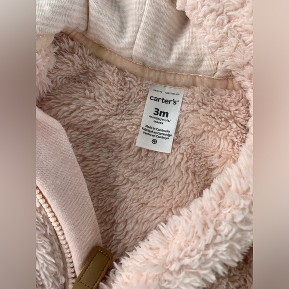 3/$30 Carter’s Baby Girl Pink Fuzzy Snowsuit Hooded Sherpa Jumpsuit Bear Ears 3M - Picture 8 of 9
